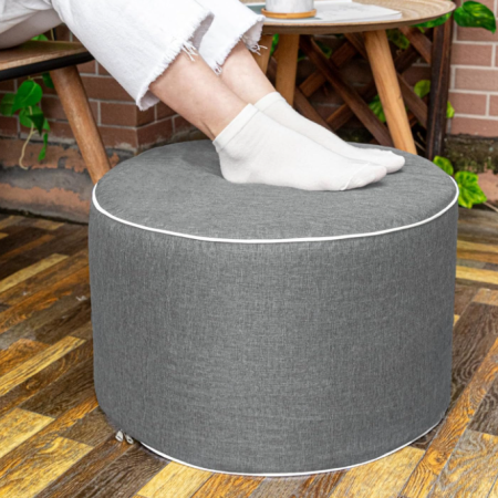 Waterproof outdoor fabric filled pouf foot stool, lightweight foam padded patio ottoman for courtyard and balcony