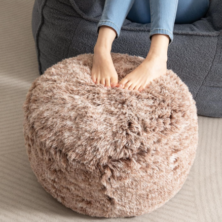Long faux fur round stuffed storage pouf ottoman filled with foam chunks, fluffy soft floor foot stool for living room